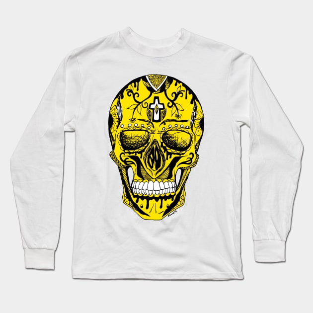 Los Muertos Sugar Skull - Black and Yellow Edition Long Sleeve T-Shirt by kenallouis